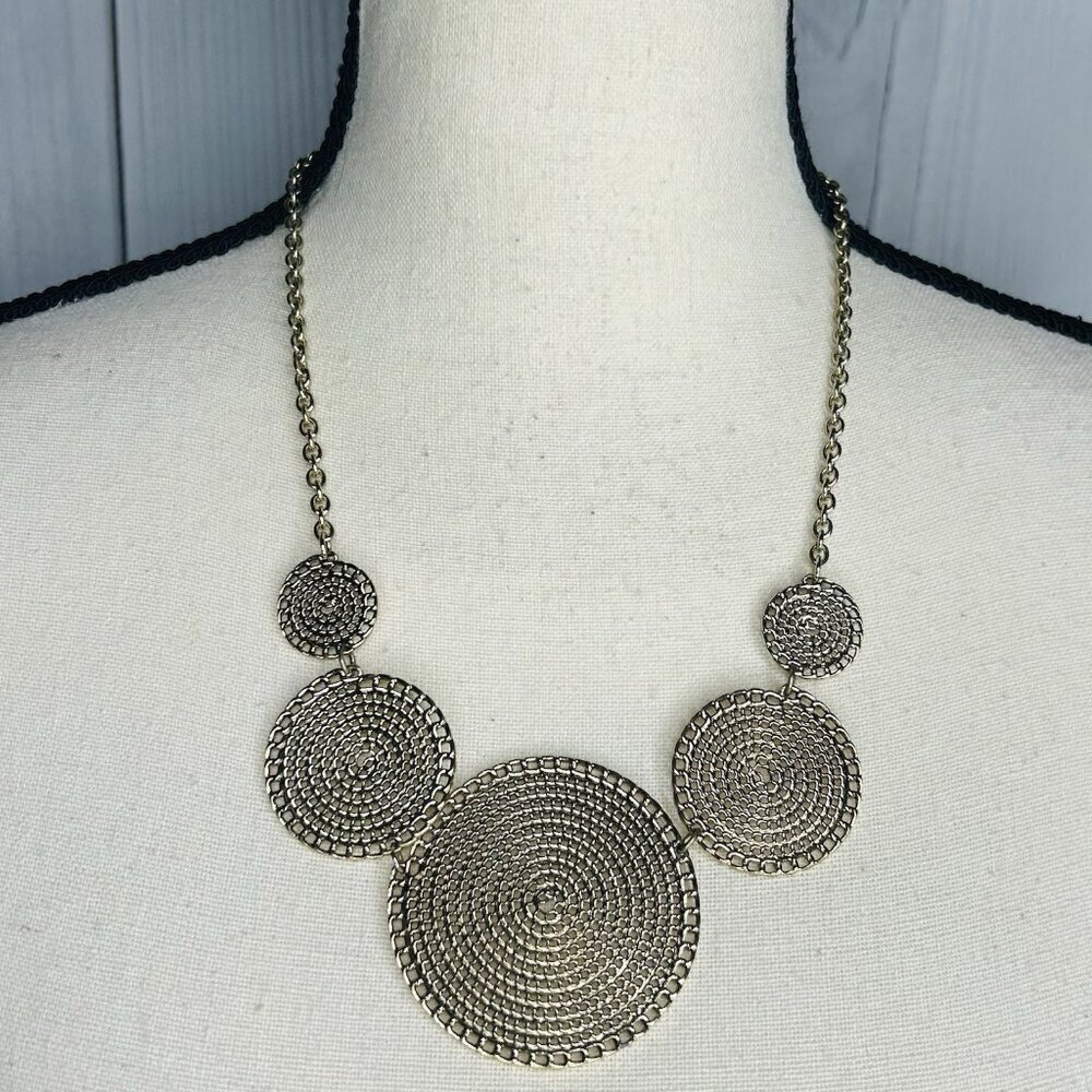 Gold Tone Disc 21" Necklace Textured Metal Statement Jewelry Adjustable